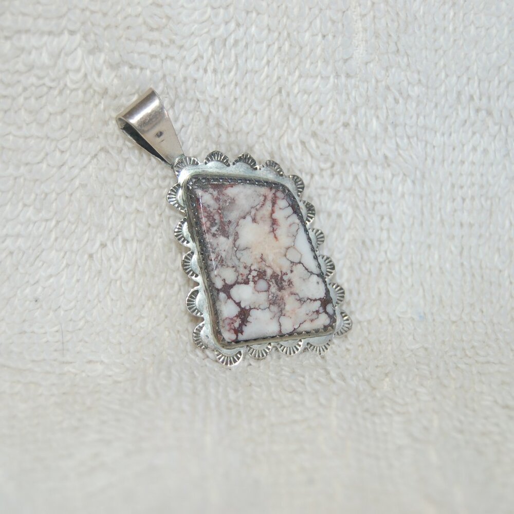 Pendent Native American Design - pink and white stone - silver setting